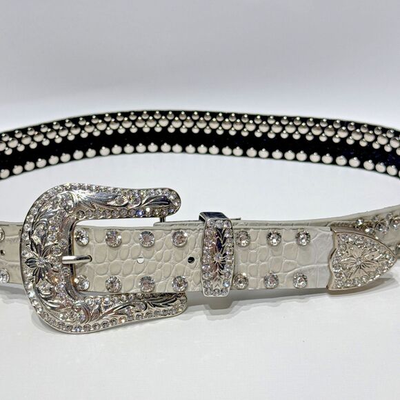 Genuine Leather Gray Croc Embossed Jeweled Rhinestones Western Belt Women’s S - Picture 3 of 16